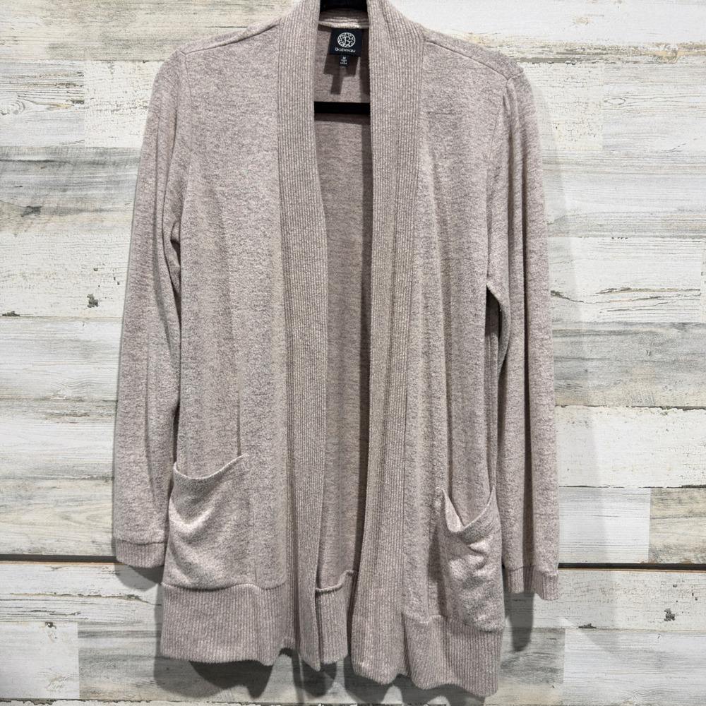Bobeau Cardigan Women M Taupe Open Front Ribbed Pocket Soft Minimalist EUC